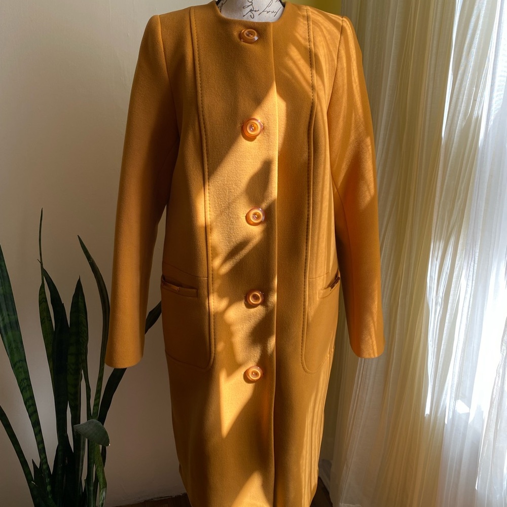 Elegant Mustard Wool-Blend Coat with Loop Scarf & Storage Bag – European Size 46